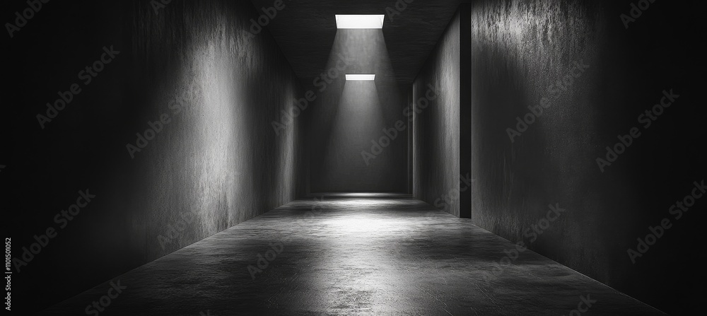 Poster dark tunnel corridor with dim light. generative ai technology.