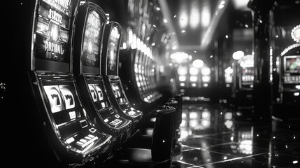 lavish casino setting row gleaming slot machines glows invitingly sophisticated lighting. noir atmosphere enhances allure excitement and chance.