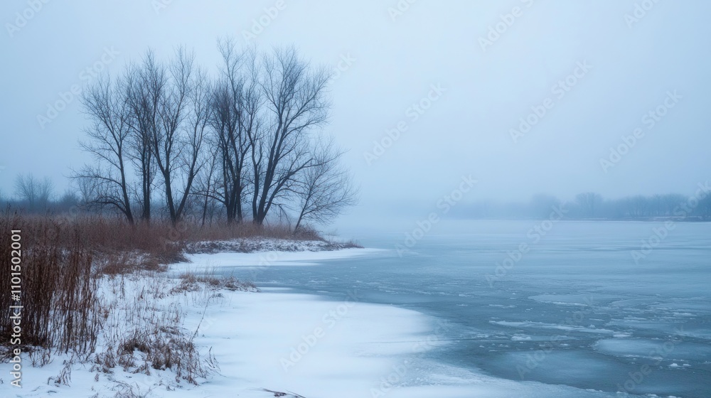 Poster a frozen lake is enveloped in mist, framed by bare trees and soft snow, creating a serene winter lan