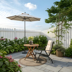 An outdoor patio featuring an empty chair invites relaxation and contemplation
