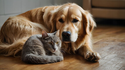 A cat and a dog are laying on the floor together. The dog is looking at the camera and the cat is looking away