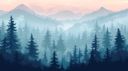 Fototapeta premium Misty forest landscape with mountains at dawn showing peaceful tranquility