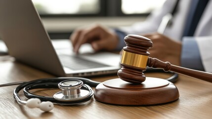 Doctor Using Laptop Near Gavel And Stethoscope