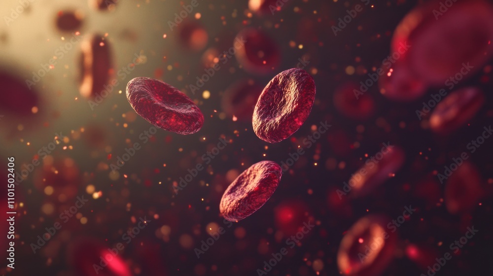 Poster abstract depiction showcases red blood cells floating against a backdrop of luminous bokeh, evoking 