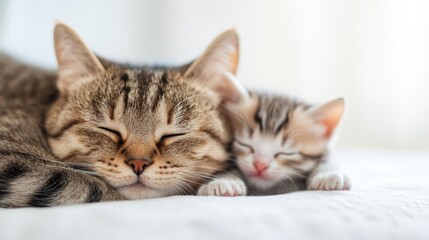 An adult cat comfortably snuggles with a sleeping kitten, both appearing peaceful and relaxed in a warm indoor environment with natural light