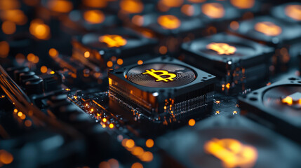 Obraz premium High tech GPU with cryptocurrency symbol on circuit board