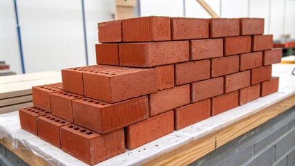 Fototapeta premium Neatly stacked drywall sheets with visible edges, placed in a brightly lit warehouse for construction store promotion