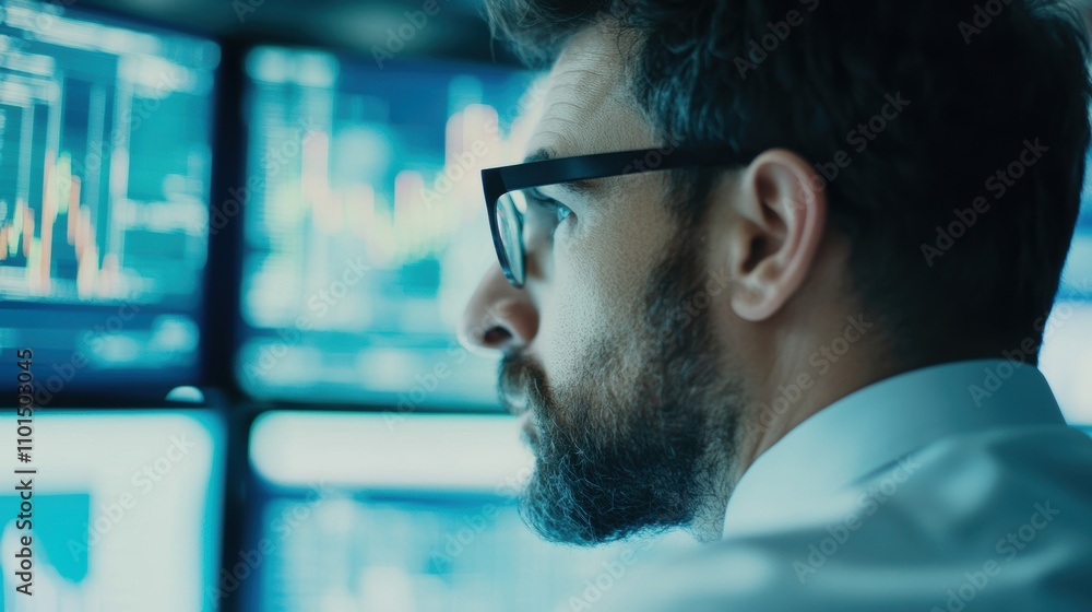 Poster stock market trader reviews financial charts and graphs on several monitors, focused and engaged in 