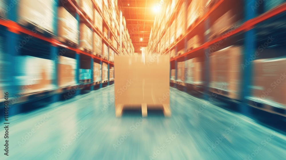 Poster fast-paced operations occur in a warehouse showing blurred motion of a central pallet with boxes ami