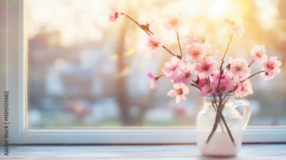 Poster sunlight streams through a window, illuminating a vase filled with delicate pink flowers, creating a