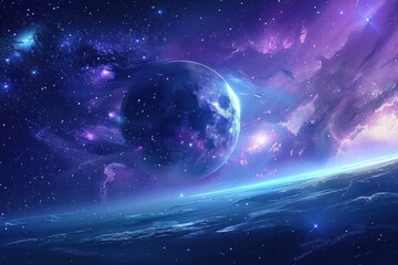 Obraz premium Breathtaking view of a distant planet with vibrant cosmic clouds and a starry night sky.