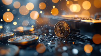 Fototapeta premium Digital currency coins with glowing bokeh lights create vibrant scene