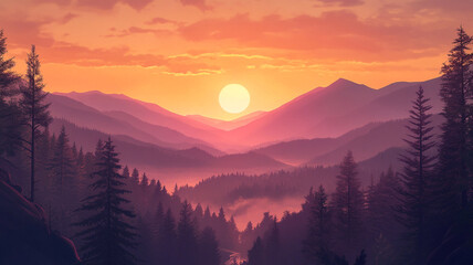 Obraz premium Majestic sunset over mountains with lush forests and a tranquil river