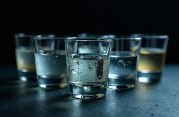 Glass shot vodka on dark background. Drink photo bar restaurant. AI Generative