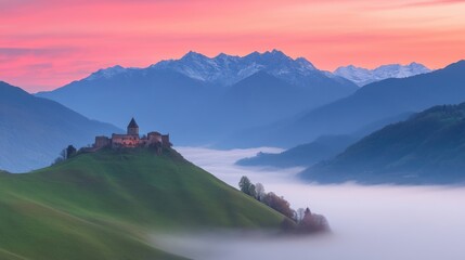 Sunlight fades as vibrant colors fill the sky, casting a warm glow on Castle in the Clouds, nestled in rolling hills and misty surroundings