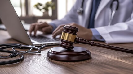 Doctor Uses Laptop Near Gavel And Stethoscope