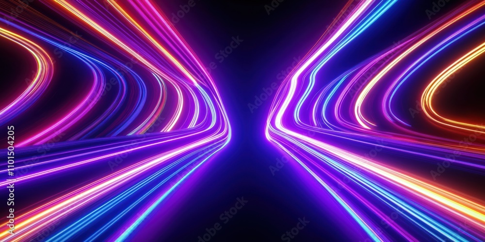 Poster abstract tech background features fast-moving light trails. vibrant neon colors create dynamic motio