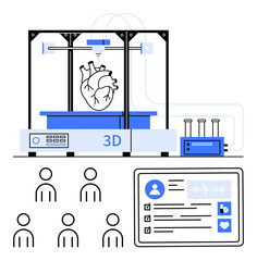 3D printer with human heart model, test tubes, user profiles, and medical data. Ideal for medical innovation, healthcare technology, 3D printing, bioprinting, heart health, precision medicine