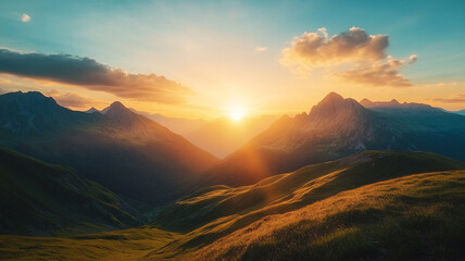 Majestic sunrise over mountain valley with gentle rolling hills and vibrant sky