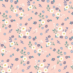Seamless floral pattern, liberty ditsy print of mini flowers in gentle pastel colors. Romantic botanical design: small hand drawn flowers, tiny leaves, simple bouquets on pink. Vector illustration.