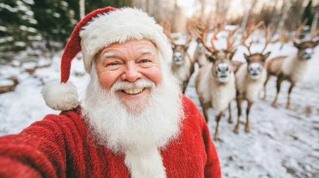 Santa Claus happily captures a selfie with his reindeer in a winter wonderland, surrounded by a snowy forest backdrop filled with cheer - Powered by Adobe