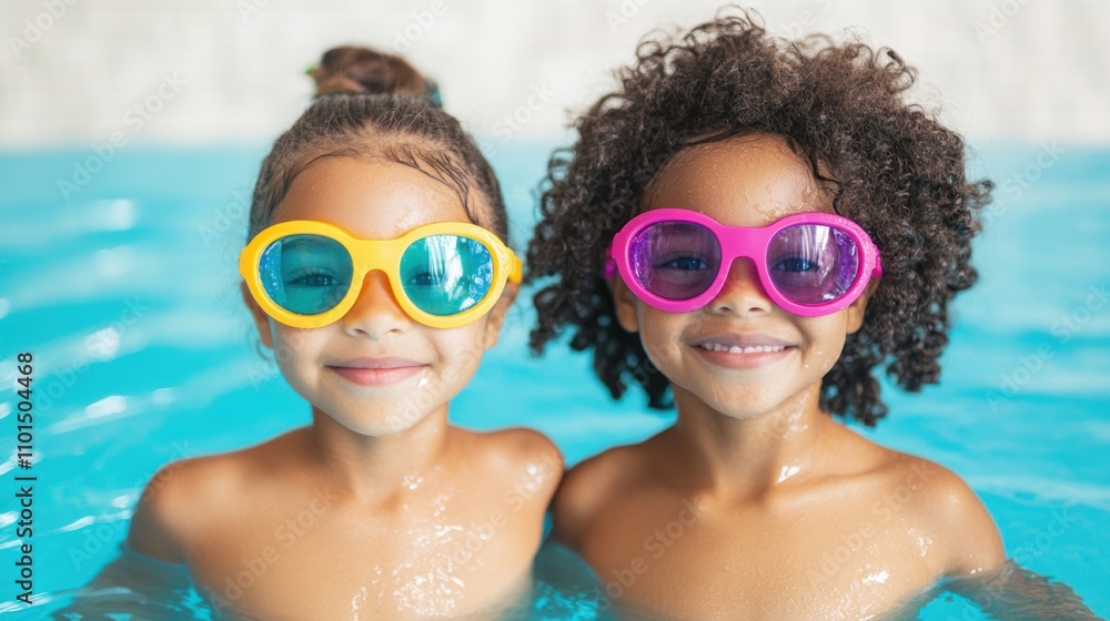 Poster two children are splashing and smiling in a pool, enjoying their time while wearing vibrant goggles 