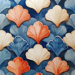 A decorative pattern featuring stylized shell shapes in soft colors against a blue background.