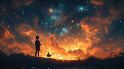 Fototapeta premium Boy and duck silhouetted against a vibrant, starry night sky.
