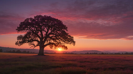 Obraz premium Silhouette of a lone tree against sunset