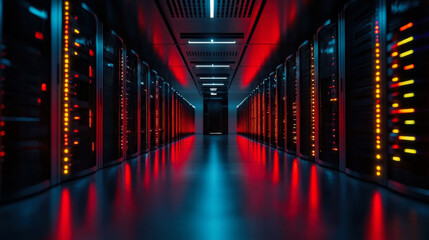 large scale data center with illuminated server racks and vibrant lights