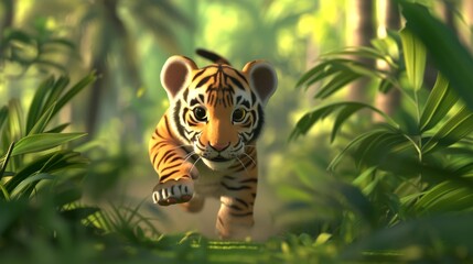 A young tiger cub moves through the dense jungle, surrounded by lush green foliage. The scene captures the cub's playful curiosity and the vibrant life of the jungle, emphasizing the untamed beauty of