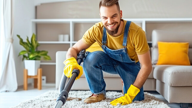Cleaning man, wearing a uniform, tidying and sanitizing indoor spaces amd vacuum clean. Cleanliness, hygiene, and professional cleaning services
