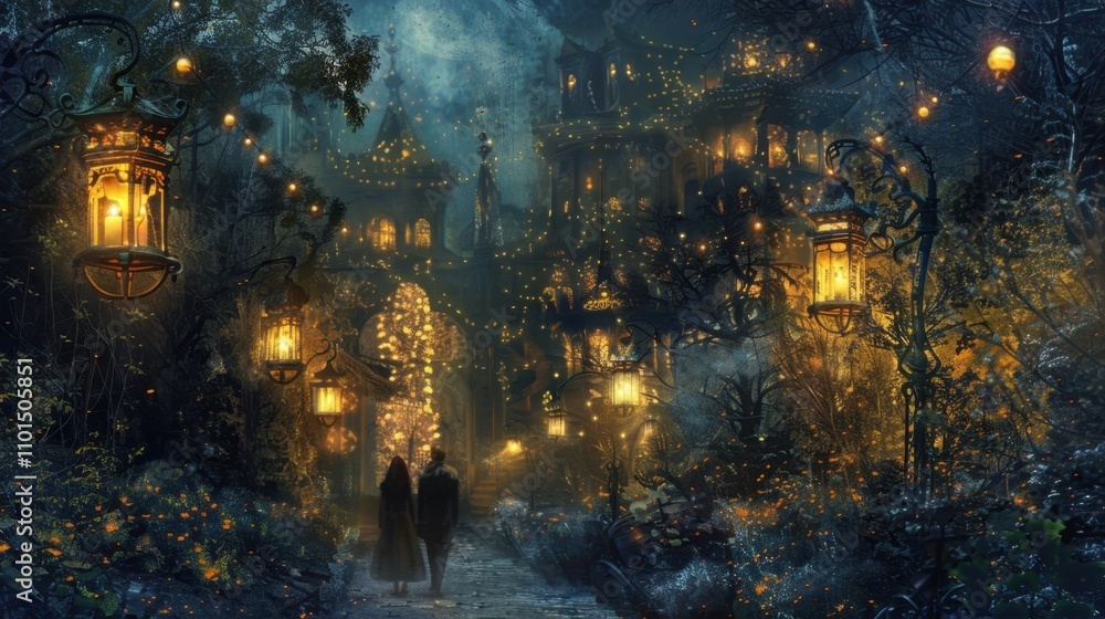 Poster as they walked through the enchanted garden the lanterns cast a warm and magical light illuminating 