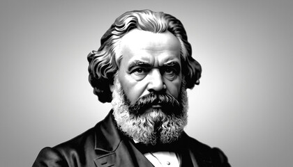 Karl Marx (Portrait)  - Illustration in schwarz-weiß vor hellem Hintergrund
