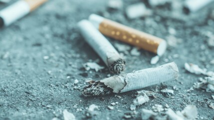 Close up shows broken cigarettes and loose tobacco scattered on a rough surface, illustrating the environmental effects of smoking habits
