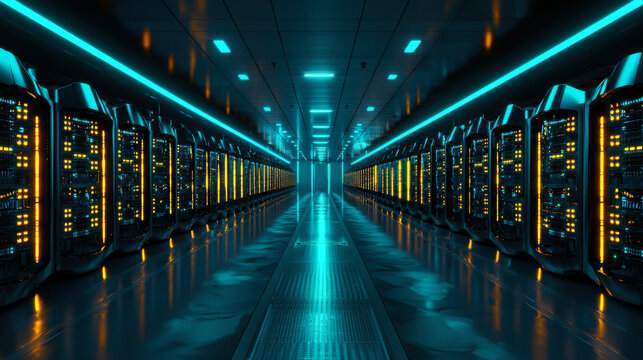 large scale cryptocurrency mining rig with glowing servers and blue lights