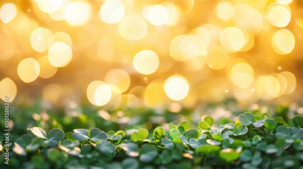 Poster sunlight filters through a field of clovers, casting a warm glow and creating a stunning bokeh effec