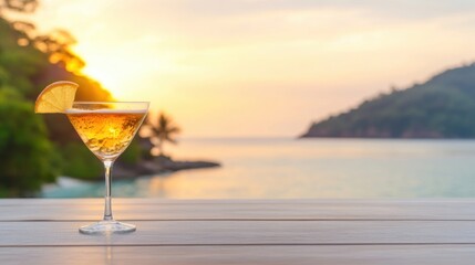 A refreshing cocktail sits on a wooden table, with a stunning tropical sunset and beach resort in the background, creating a relaxed atmosphere