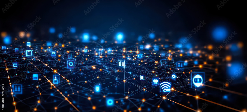 Poster futuristic digital network with connected data points and technology icons