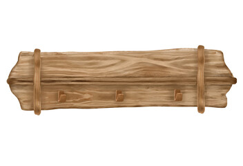 Wooden shelf hanger with light brown wood texture Watercolor digital illustration. Empty wooden shelf with hooks on the wall isolated on white background. For textile or print for cafe, home interior