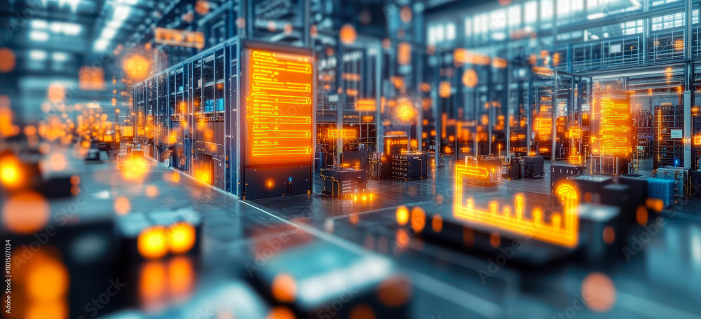 Poster futuristic warehouse with digital analytics displaying data visualization and ai integration