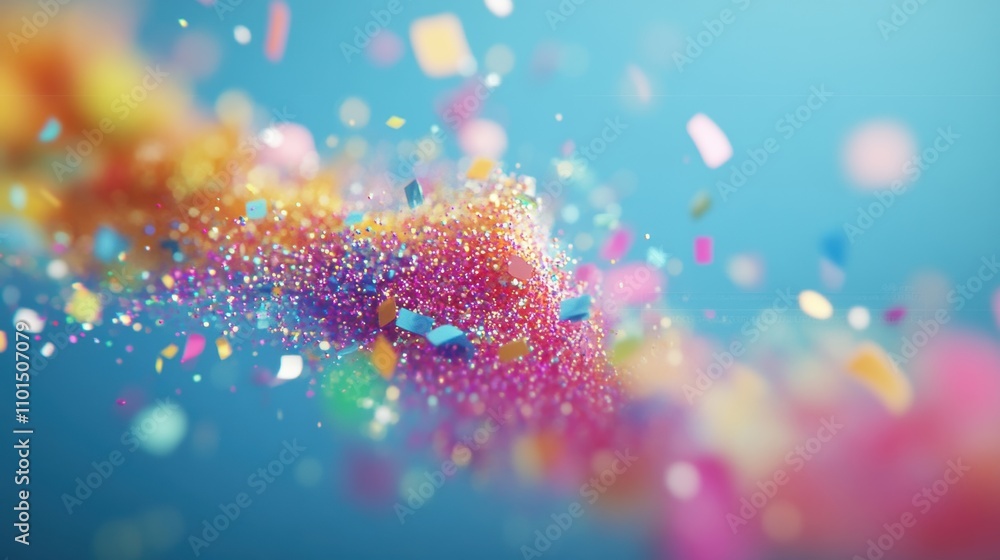 Poster confetti in various colors floats and swirls against a bright blue backdrop, creating a lively and c