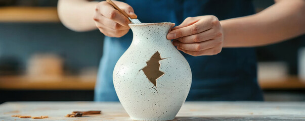 Artisan carefully restoring broken ceramic vase with precision