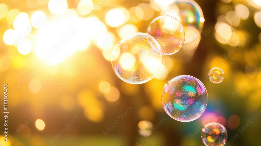 Poster soap bubbles reflect vibrant colors as they float in warm sunset light, creating a serene and enchan