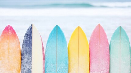 Colorful surfboards rest side by side on the sandy beach with waves gently rolling in the background during a sunny day