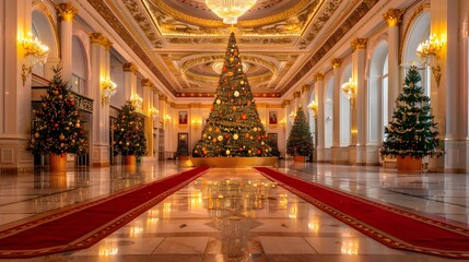 Obraz premium Grand hall with large decorated Christmas tree and red carpet.
