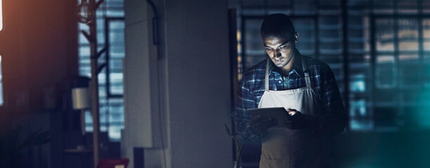 Night, tablet and store manager for quality control, stock take or inventory as small business...