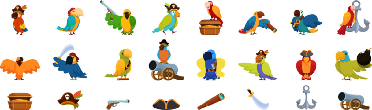 Pirate parrot icons set. Colorful parrots embodying pirate themes, engaging in various activities and holding pirate related objects