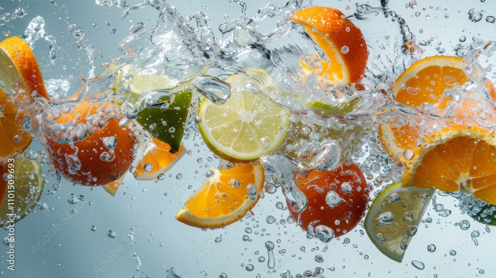 Poster citrus slices splashing into water with bubbles and motion