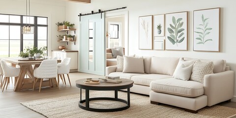 明るくナチュラルなインテリアのリビングとグリーンのスライドドア | Bright and Natural Living Room with Green Sliding Door